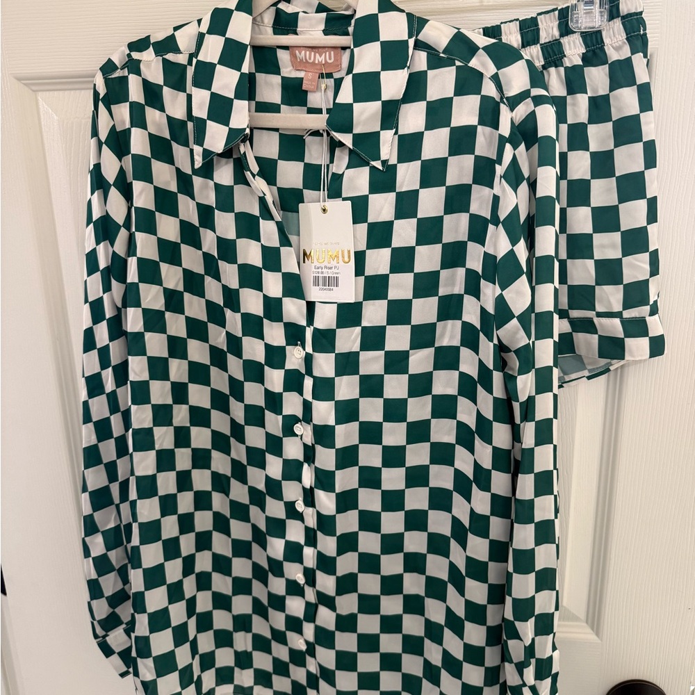 Show Me Your Mumu Women’s Green White Checkered Silk Pajamas